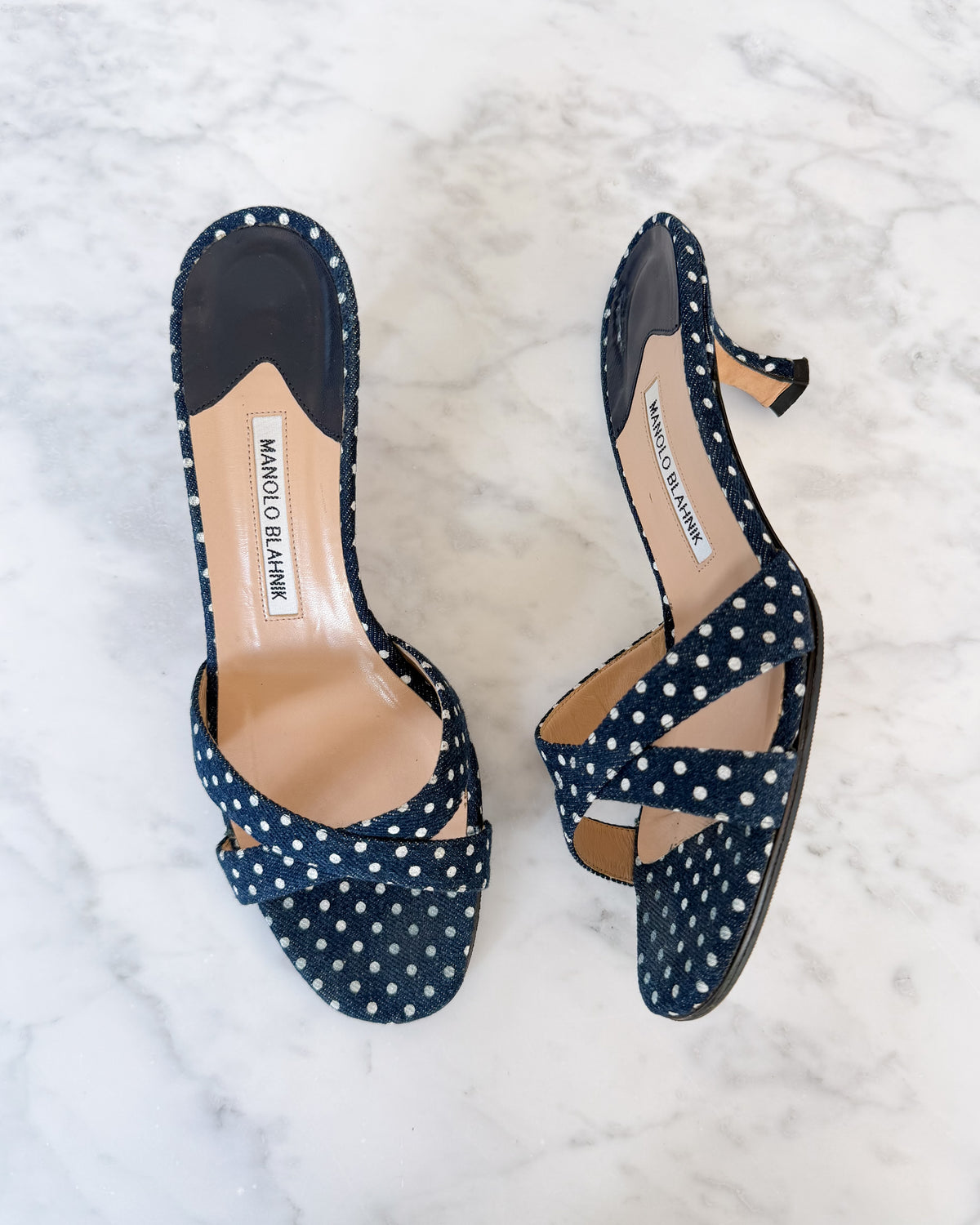Manolo Blahnik Navy Polka Dot Kitten Heel Mules (38)