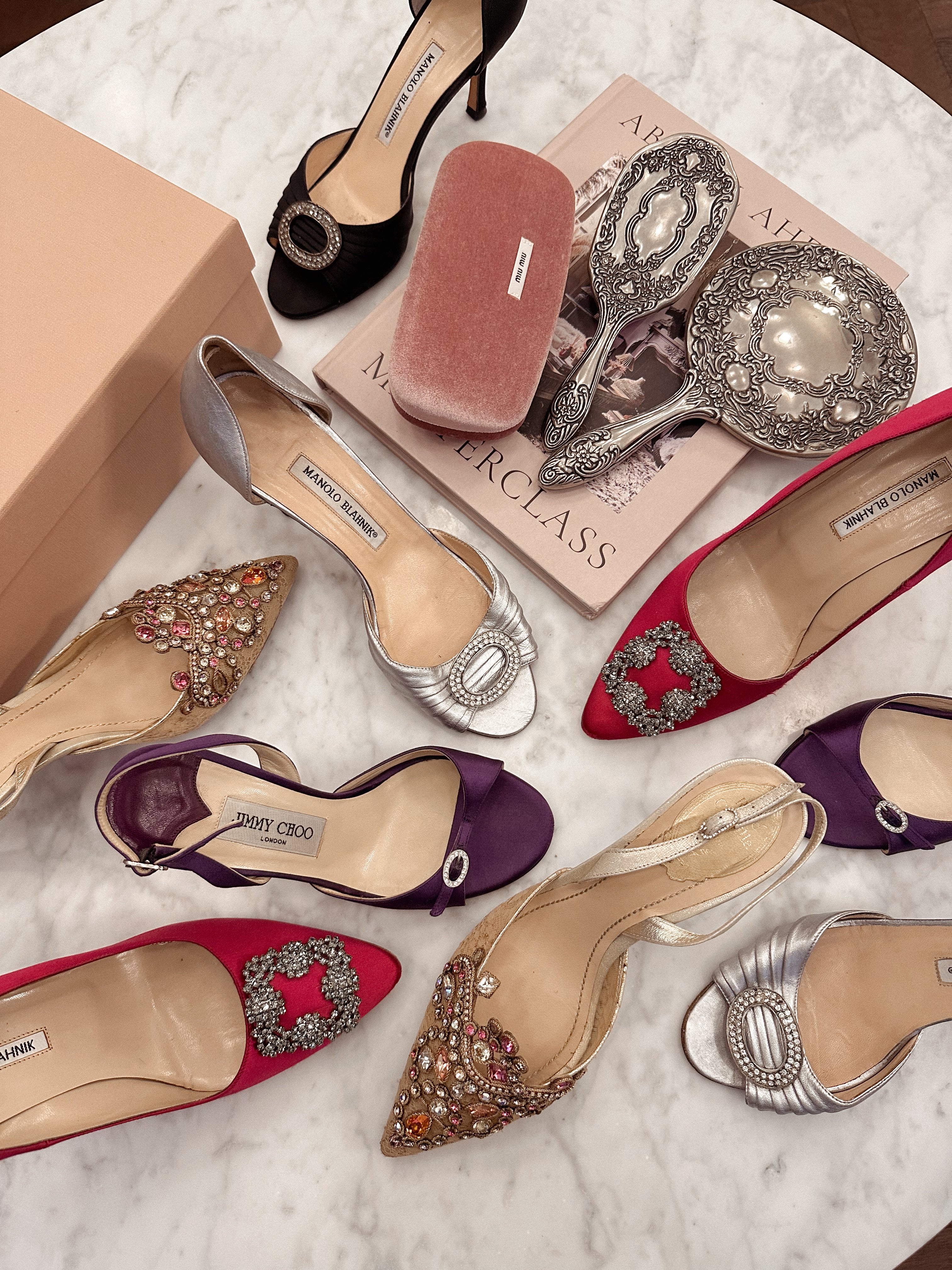 Jimmy Choo Purple Satin Leather Crystal Buckle Heels (36.5)