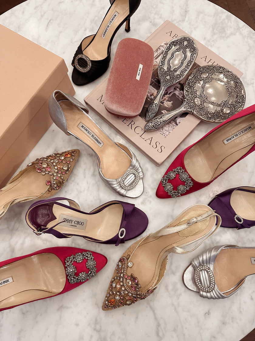 Jimmy Choo Purple Satin Leather Crystal Buckle Heels (36.5)