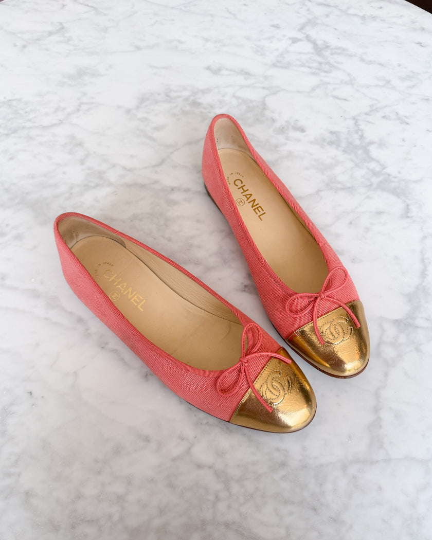 Chanel Coral Shimmer Gold CC Cap Toe Ballet Flats (41.5)