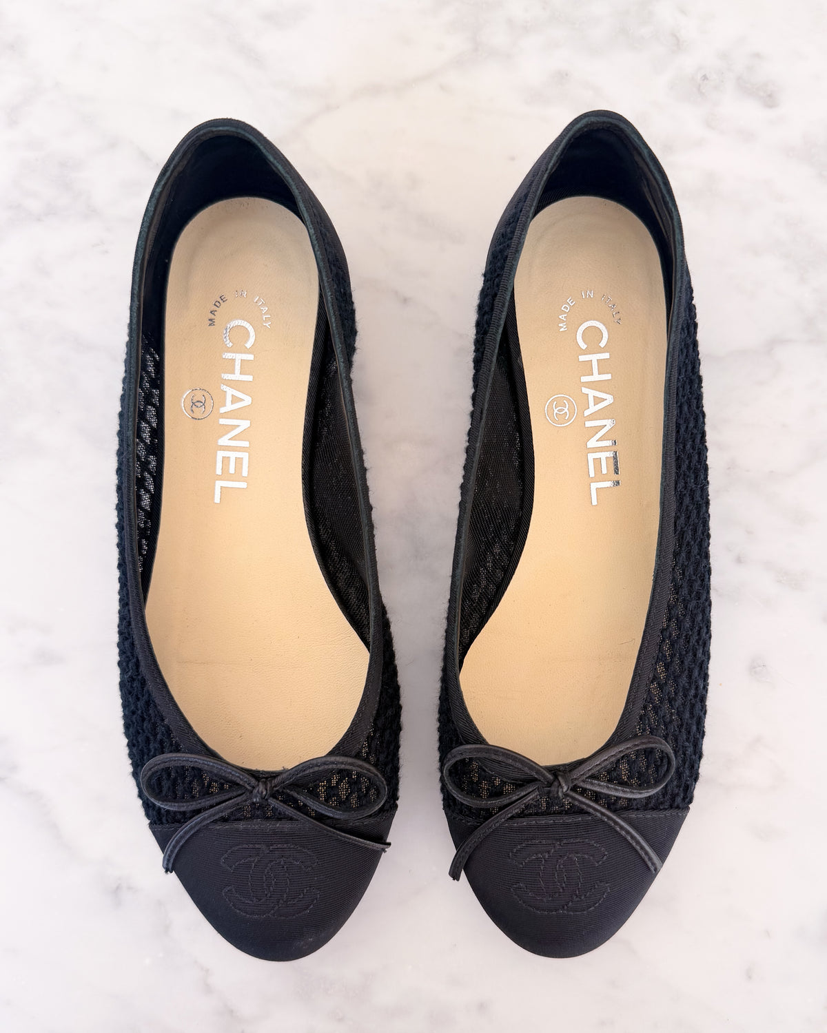 Chanel Black Mesh CC Cap Toe Ballet Flats (35.5)