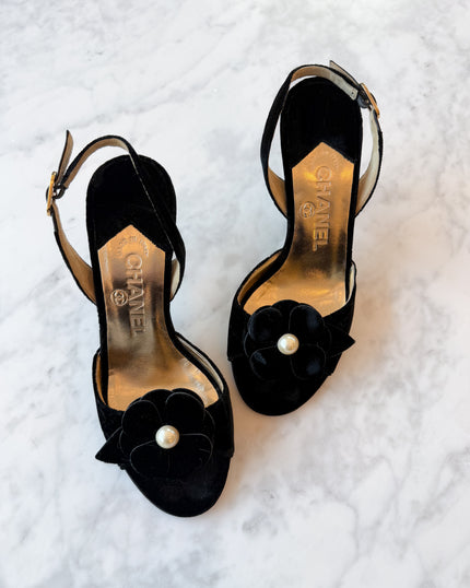 Chanel Velvet Camellia Pearl Slingback Heels (EU 35.5)
