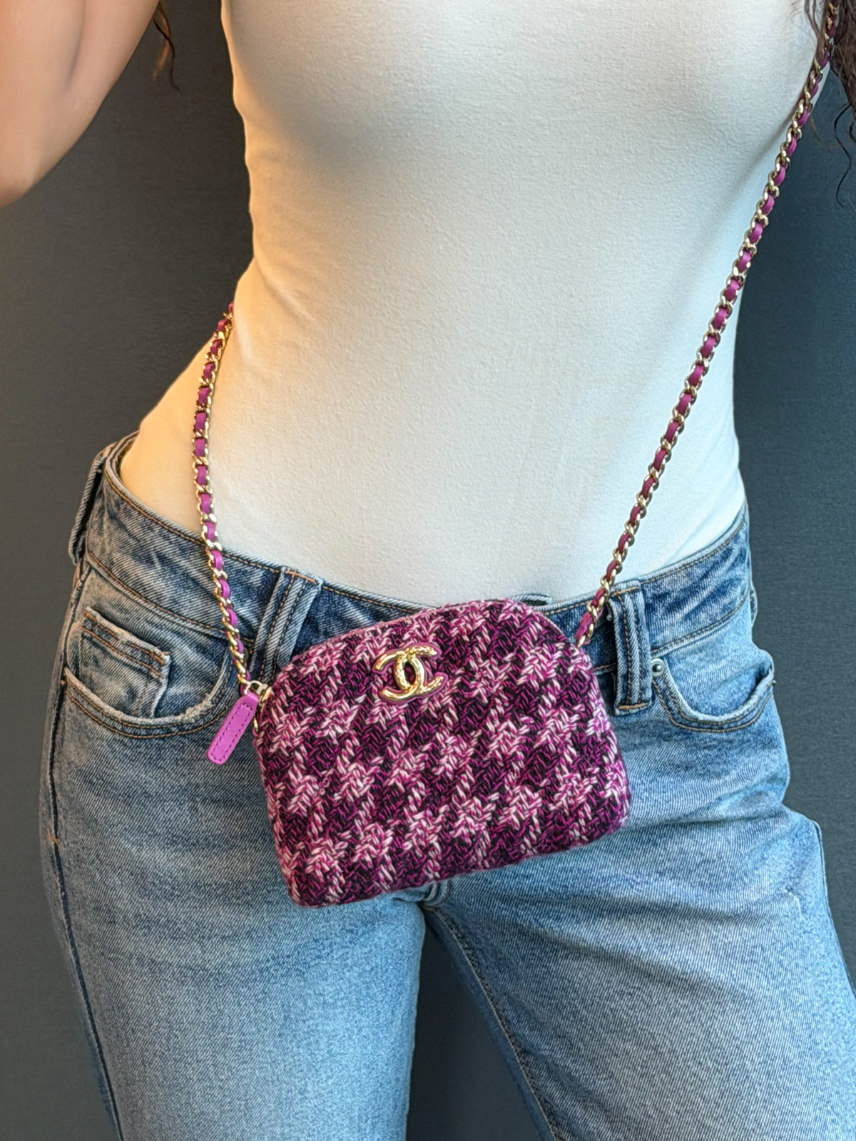 UNWORN Chanel Pink and Purple Tweed CC Chain Shoulder Bag with Gold Hardware