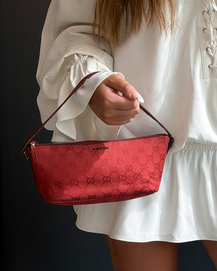 Gucci Red Boat Monogram Handbag with Red Handle