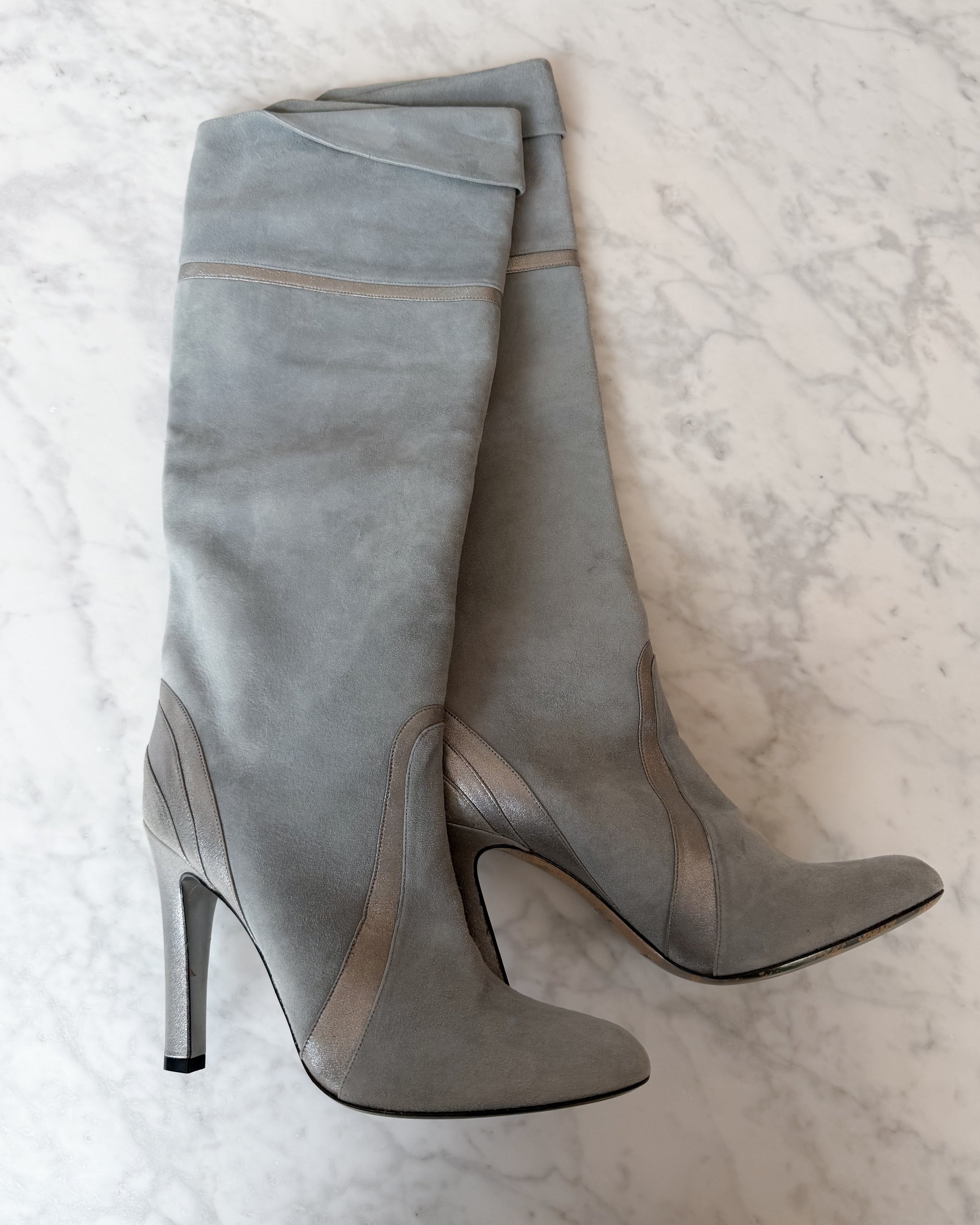 Pucci S/S Baby Blue Suede Knee High Boots with Metallic Silver Paneling and Fold-Over Cuff (38)