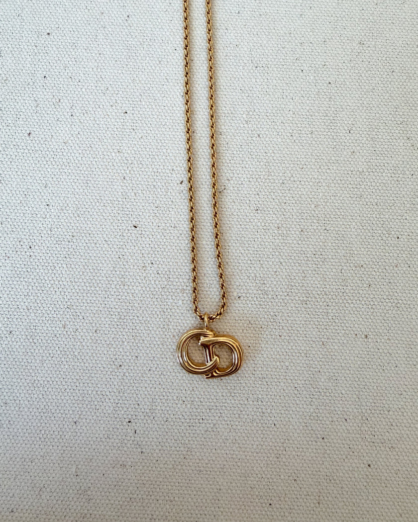 Christian Dior Vintage Gold-Tone CD Logo Pendant Necklace with Textured Rope Chain