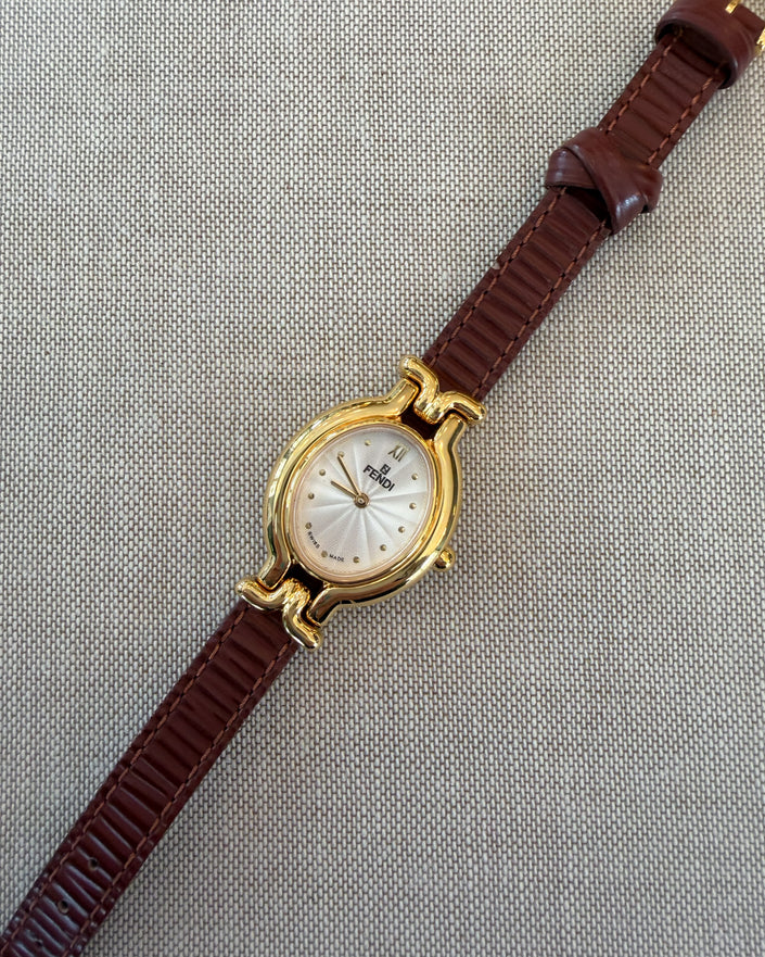Vintage Fendi Gold Tone Watch with Brown Leather Strap
