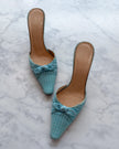 Jimmy Choo Turquoise Check Bow Kitten Heel Mules (39.5)