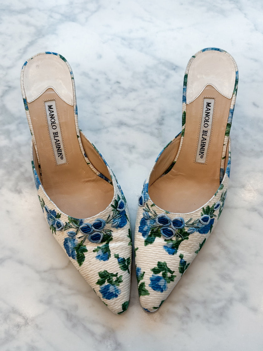 Manolo Blahnik Blue Floral Kitten Heel Mules (37.5)