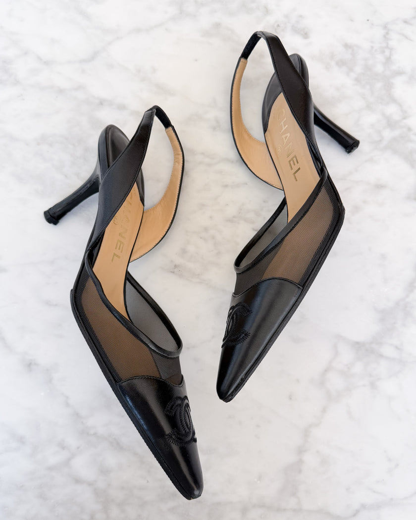 Chanel Black Mesh Slingback Kitten Heels (36.5) - VERY RARE