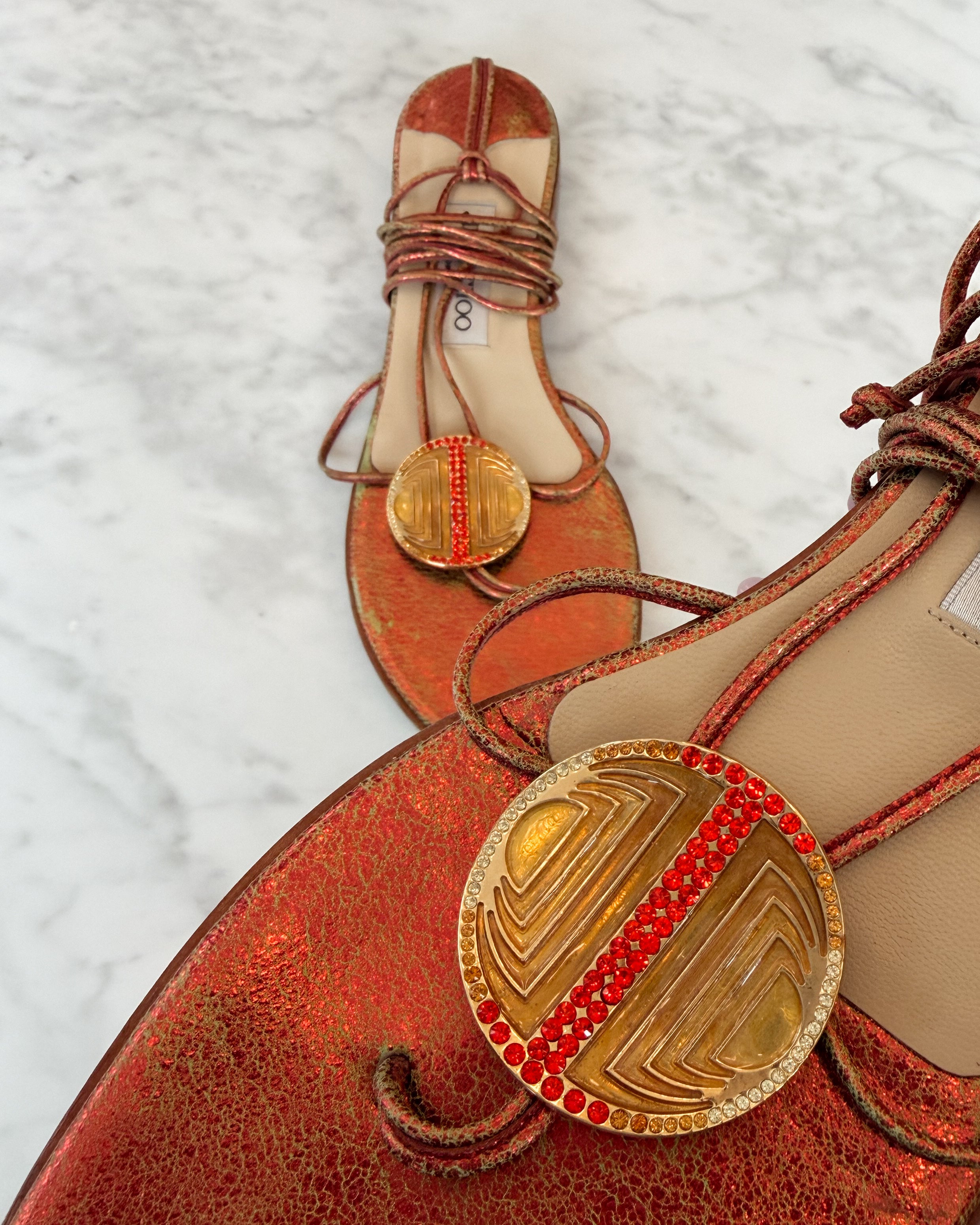 Jimmy Choo 2000s Metallic Leather Lace-Up Flat Sandals with Crystal Medallion Detail (39.5)