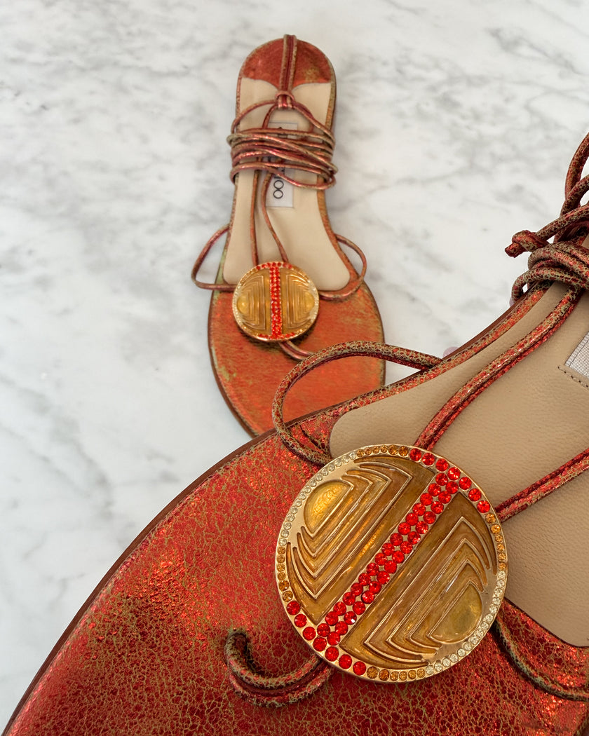 Jimmy Choo 2000s Metallic Leather Lace-Up Flat Sandals with Crystal Medallion Detail (39.5)