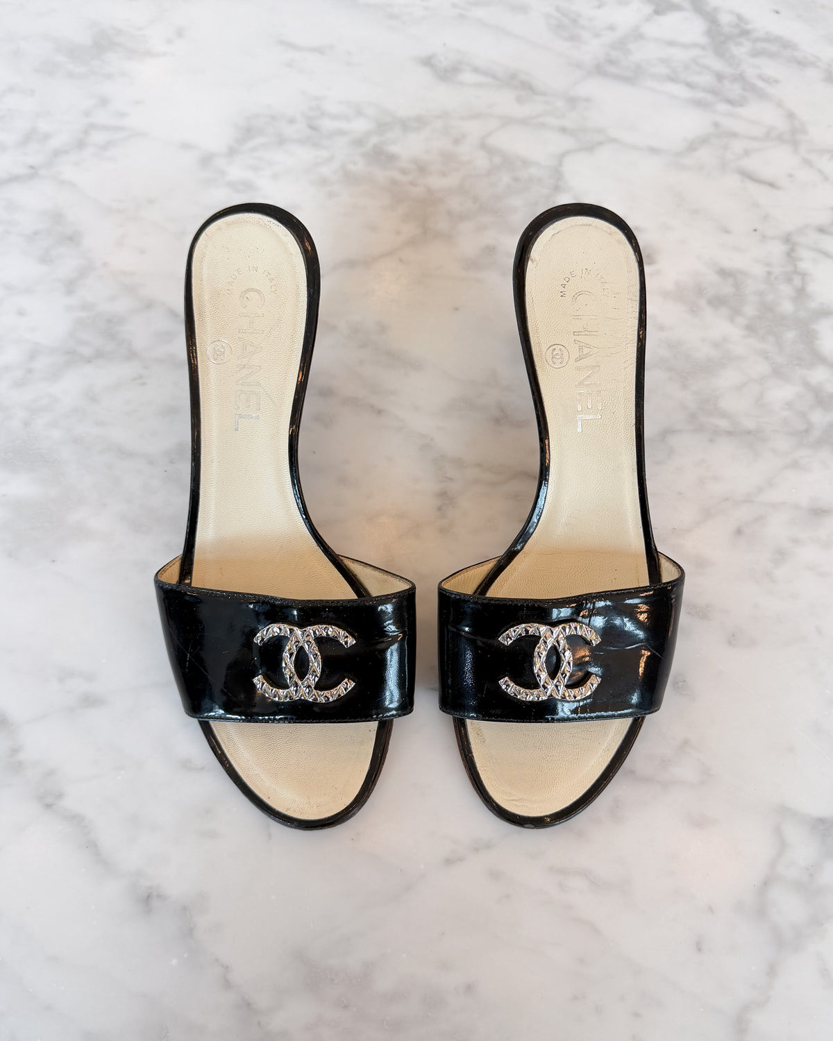 Chanel Black Patent Leather Silver CC Logo Mules (36.5)