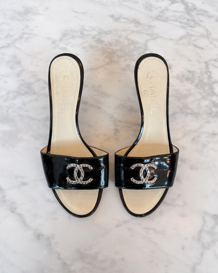 Chanel Black Patent Leather Silver CC Logo Mules (36.5)