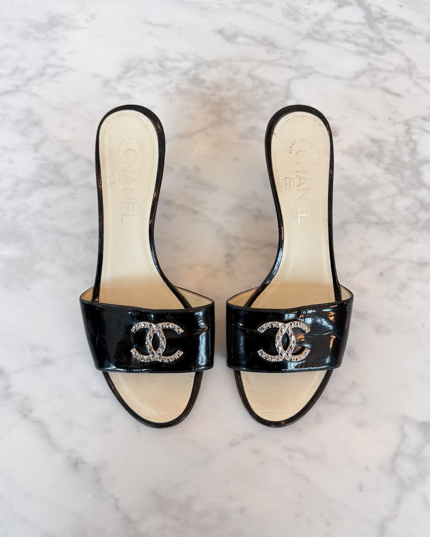 Chanel Black Patent Leather Silver CC Logo Mules (36.5)