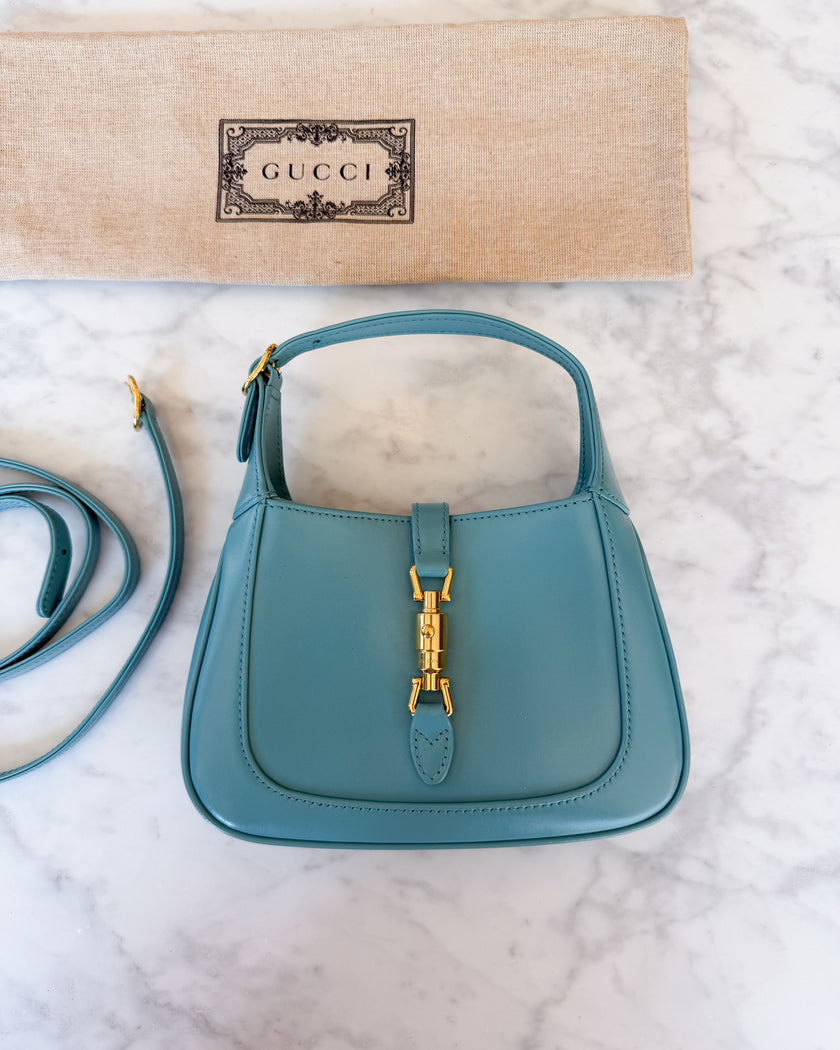 UNWORN Gucci Jackie 1961 Turquoise Aqua Leather Shoulder Bag with Gold Hardware & Additional Strap