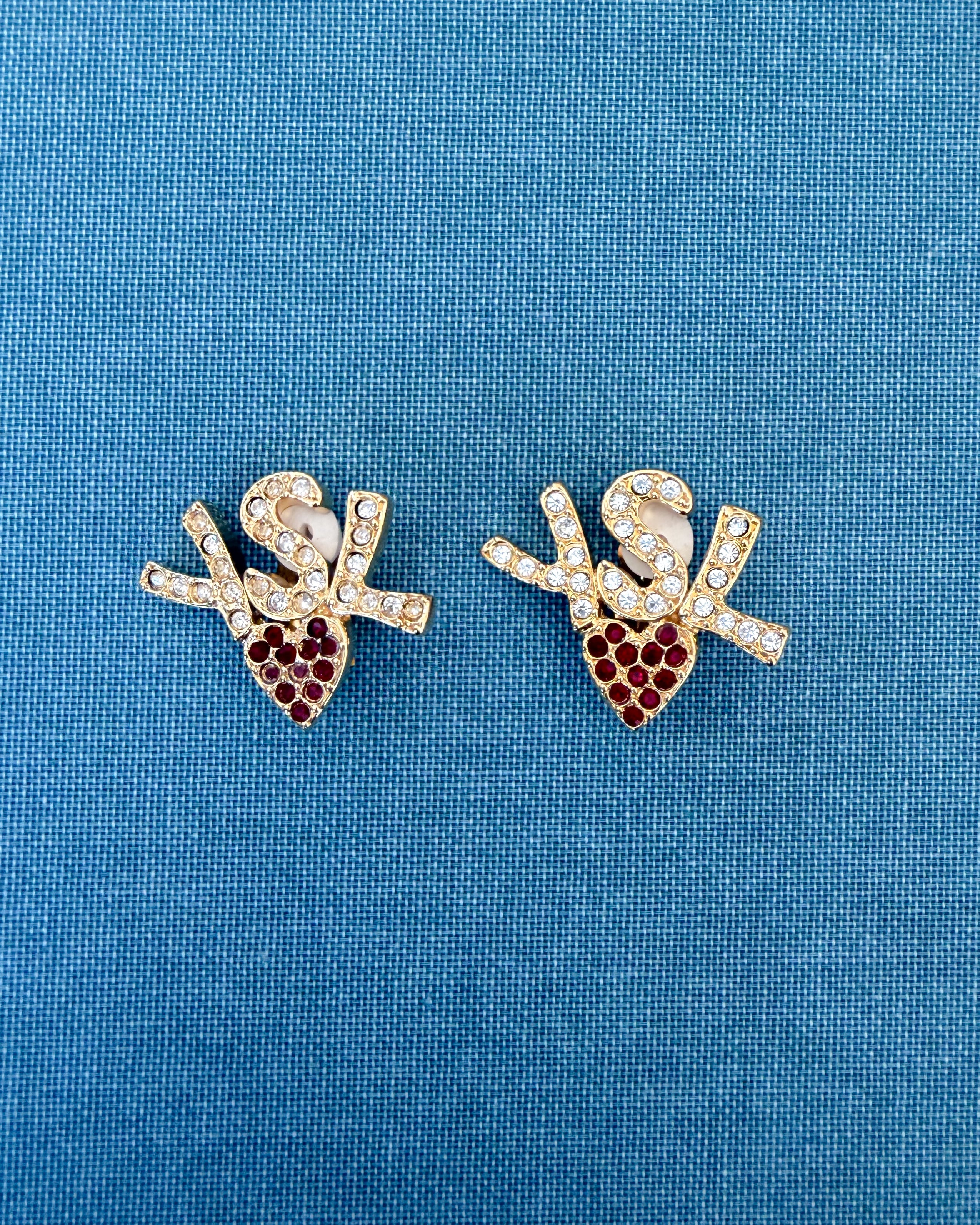 Yves Saint Laurent Vintage Gold-Tone YSL Logo Heart Clip-On Earrings with Red Crystals