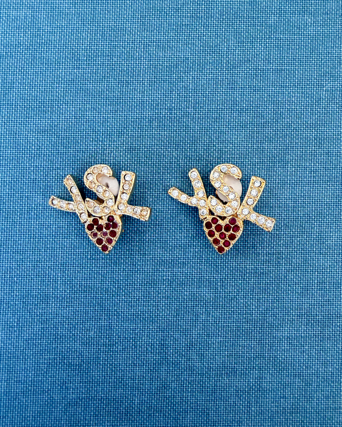 Yves Saint Laurent Vintage Gold-Tone YSL Logo Heart Clip-On Earrings with Red Crystals