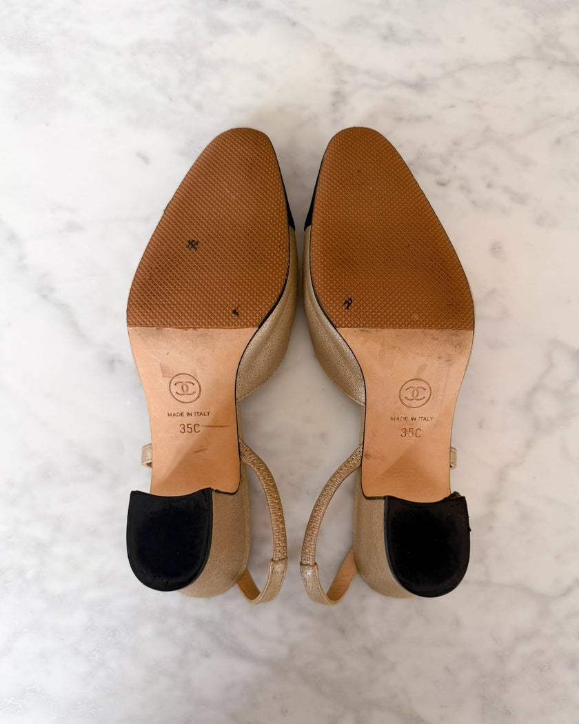 Chanel Gold Champagne Black Cap Toe Slingback Heels (35)