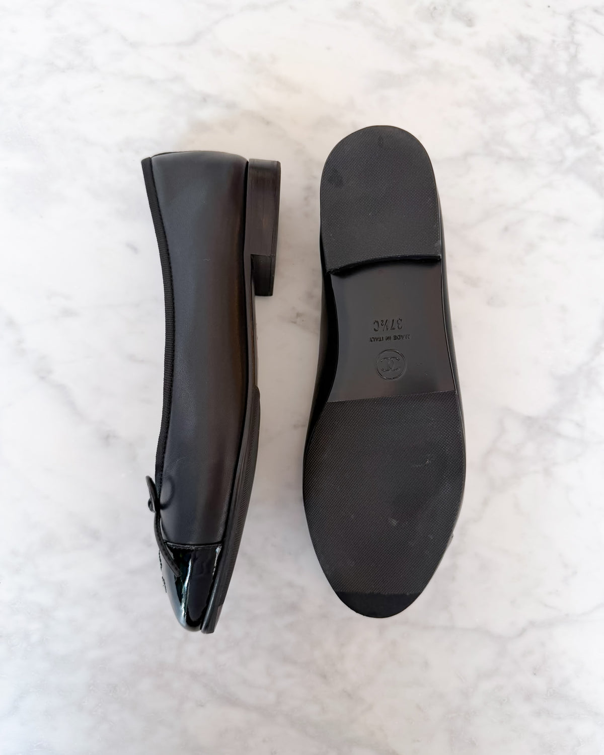 Chanel Black Leather Patent Cap Toe CC Ballet Flats (37.5)