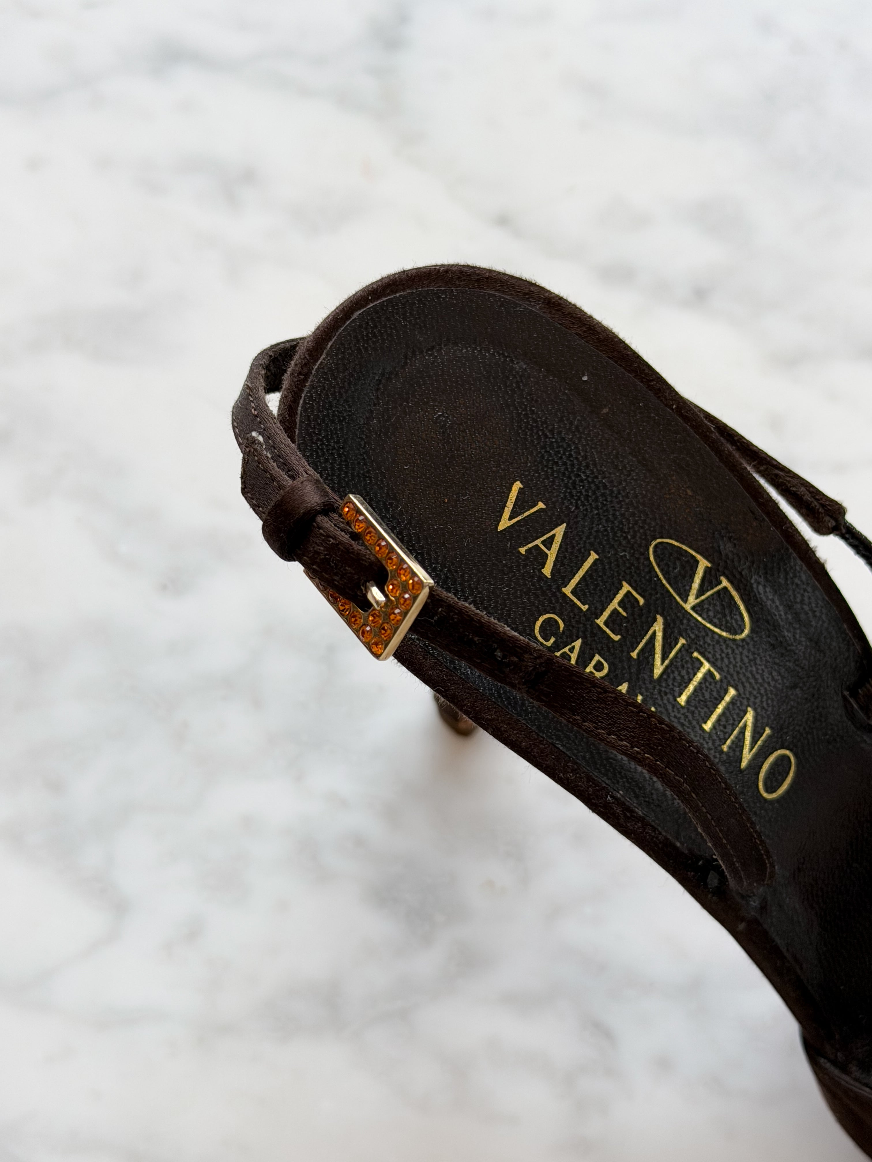 Valentino Garavani Brown Satin Slingback Heels with Gold Rose Embellishment (38.5)