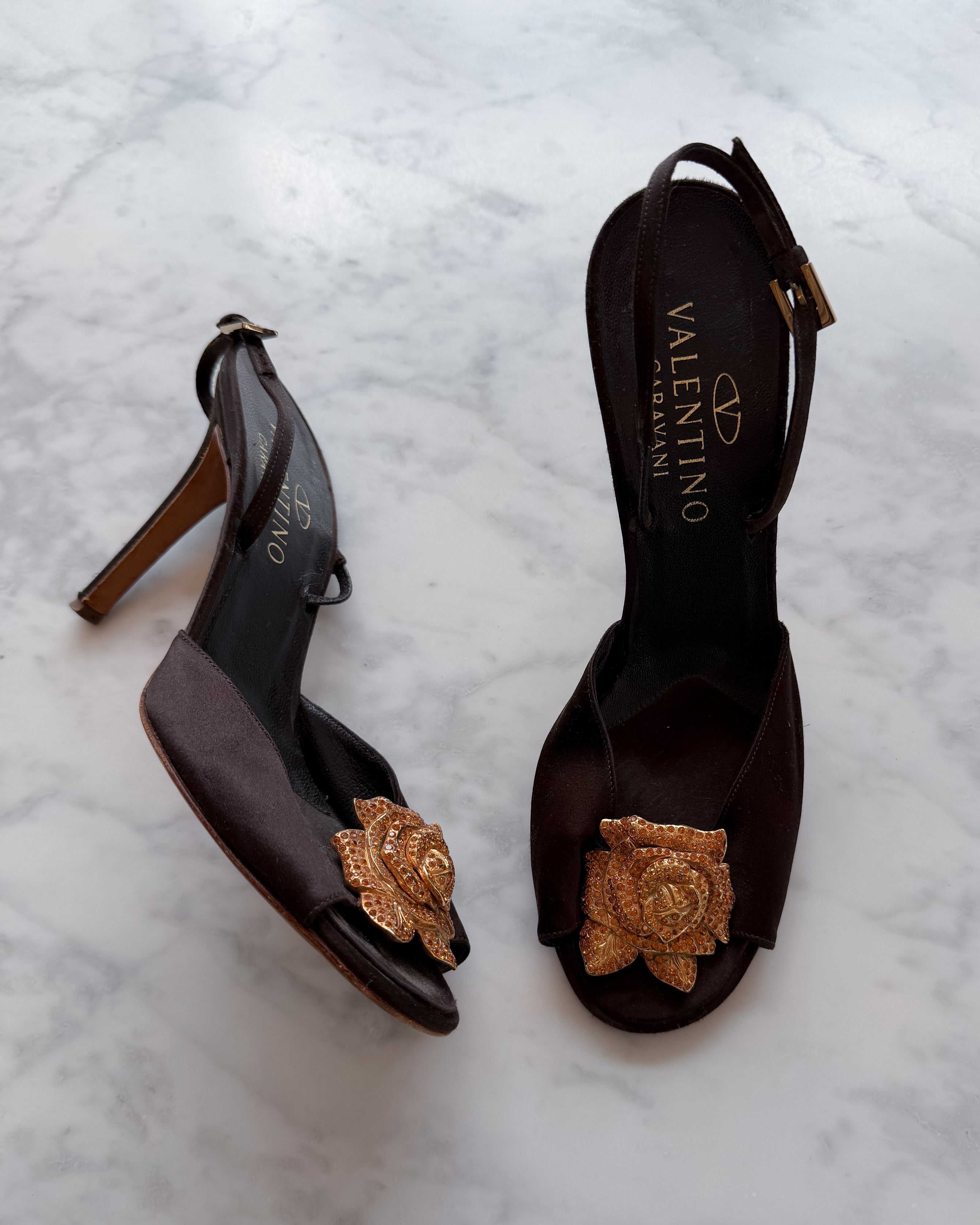 Valentino Garavani Brown Satin Slingback Heels with Gold Rose Embellishment (38.5)