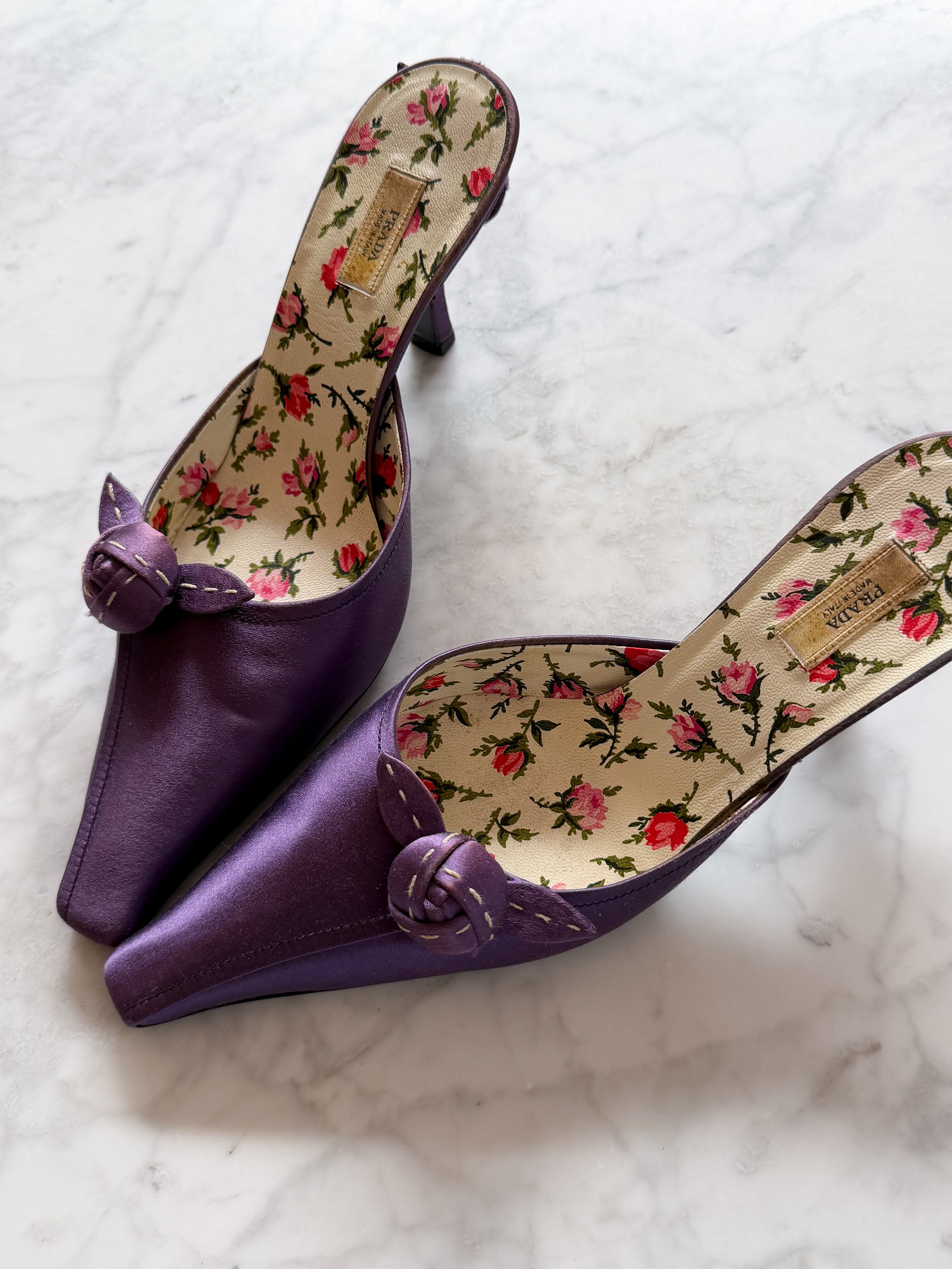 Prada 2000s Purple Satin Rose Print Mule Heels (36)