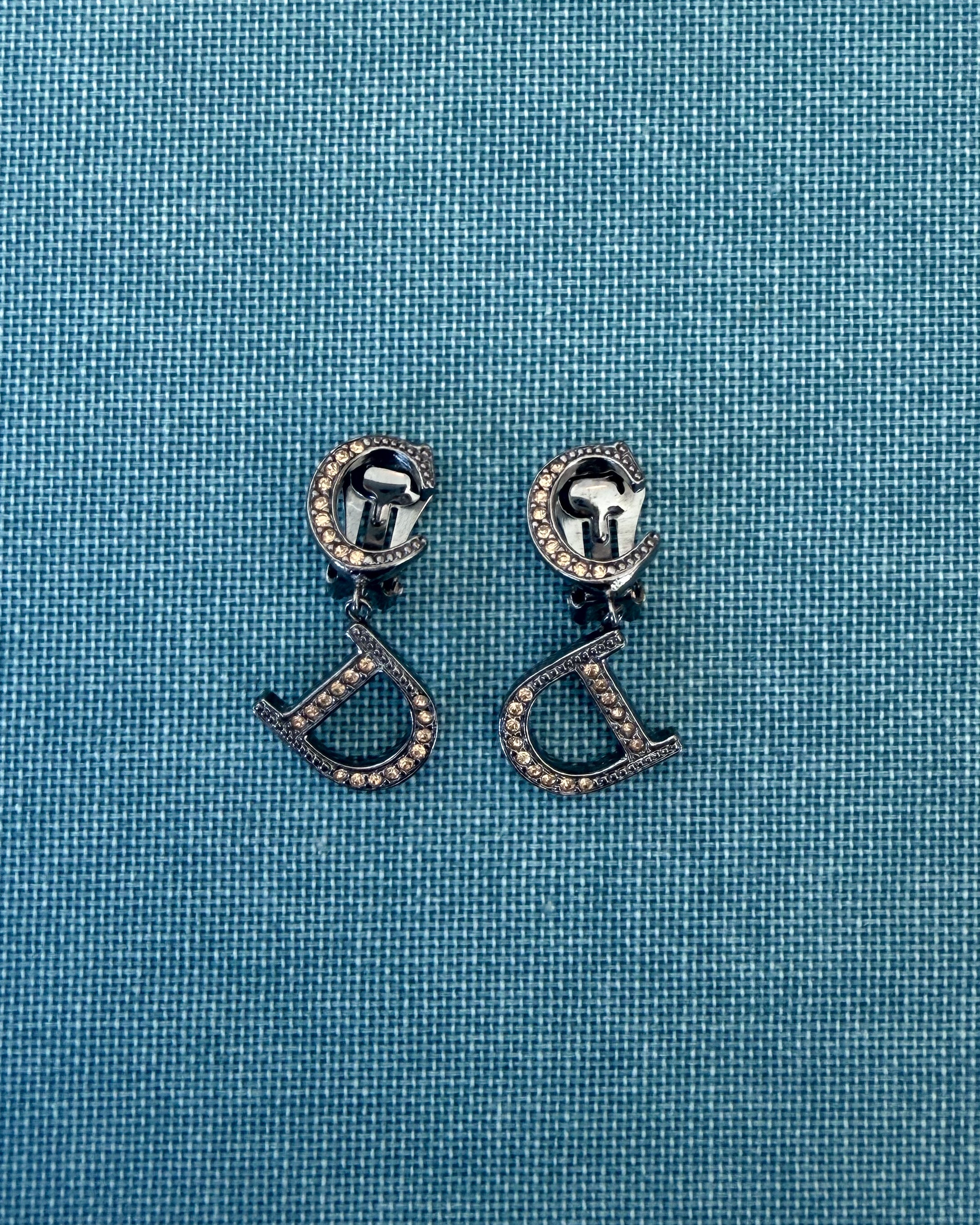 Christian Dior Graphite-Tone Logo Clip-On Earrings with Pink Crystals
