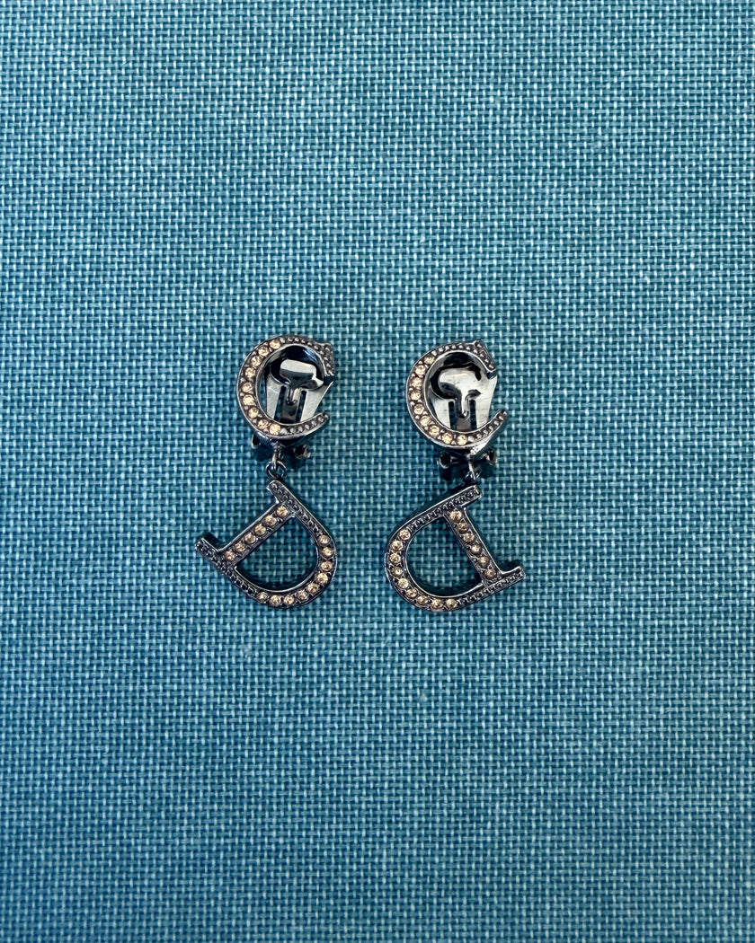 Christian Dior Graphite-Tone Logo Clip-On Earrings with Pink Crystals