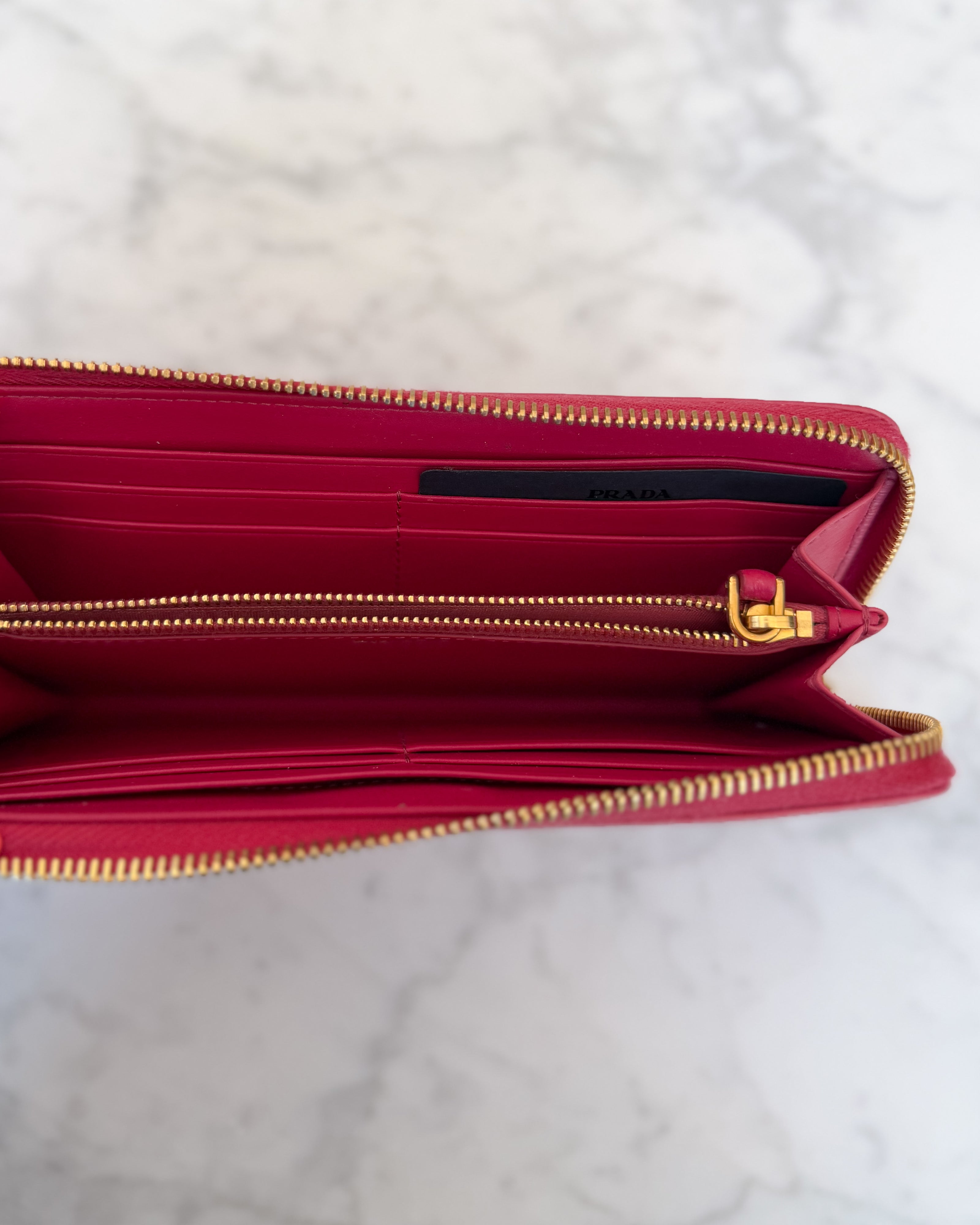 Prada Pink Saffiano Leather Zip Around Wallet with Original Box