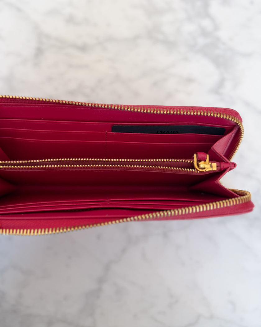Prada Pink Saffiano Leather Zip Around Wallet with Original Box