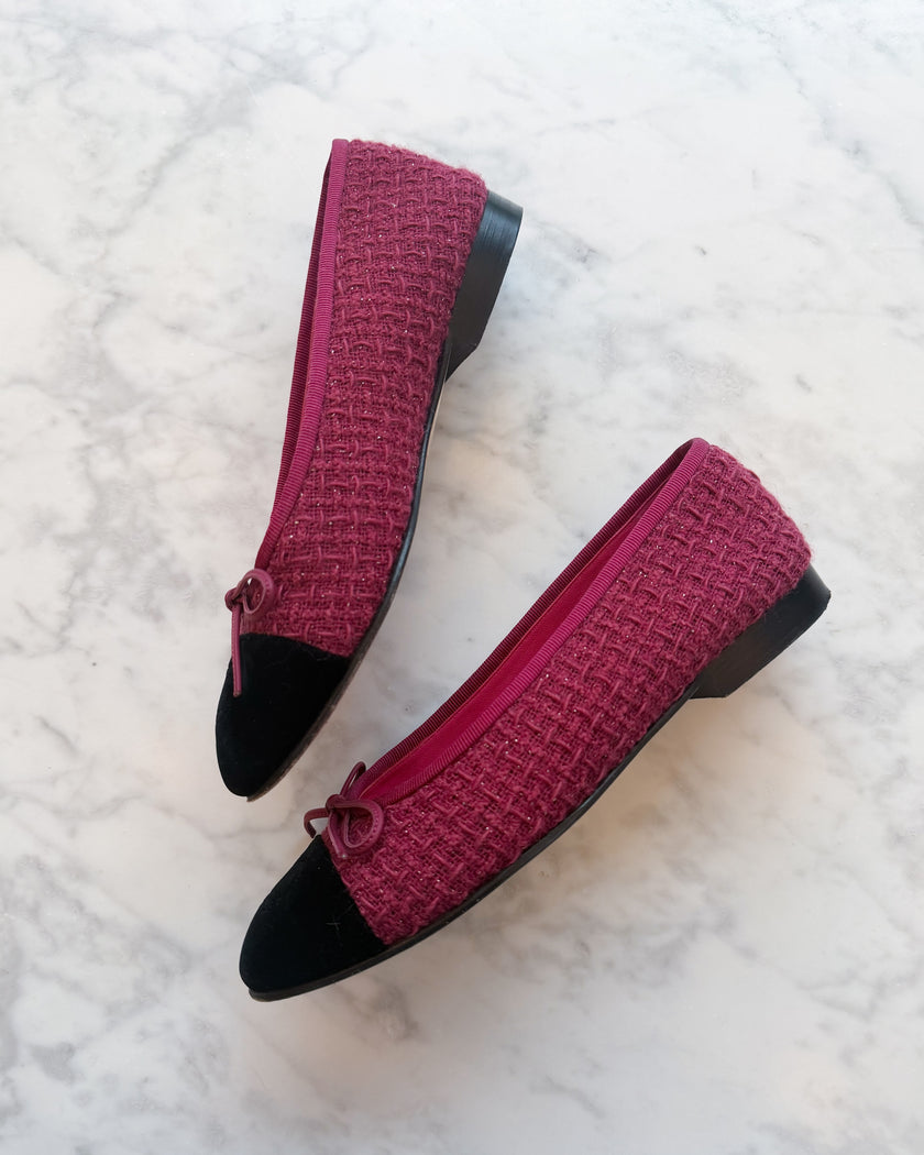 Chanel Burgundy Tweed with Silver Thread & Black Velvet CC Ballet Flats (36.5)