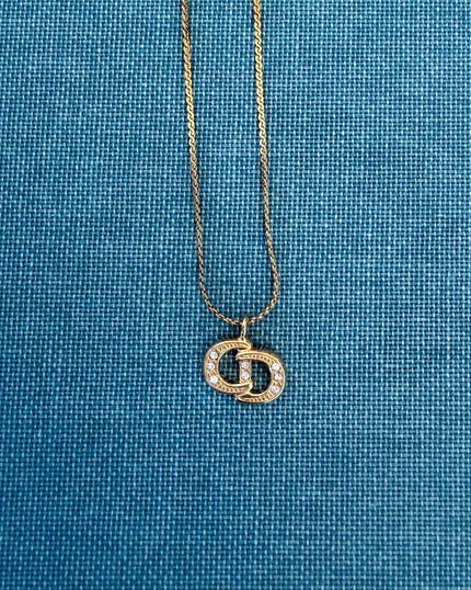 Vintage Christian Dior Gold-Tone CD Logo Pendant Necklace with Crystals