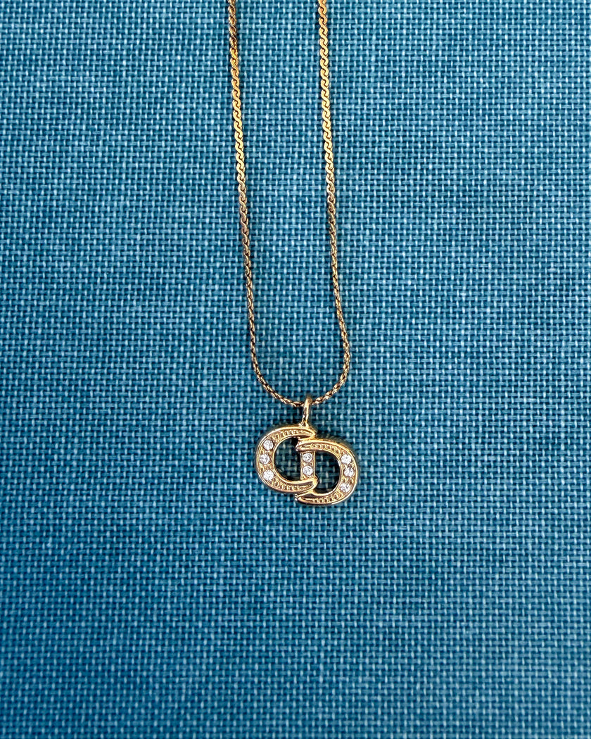 Vintage Christian Dior Gold-Tone CD Logo Pendant Necklace with Crystals