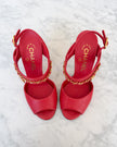 Chanel Watermelon Red Leather CC Logo Chain Open Toe Heels with Clover Charm (36.5)