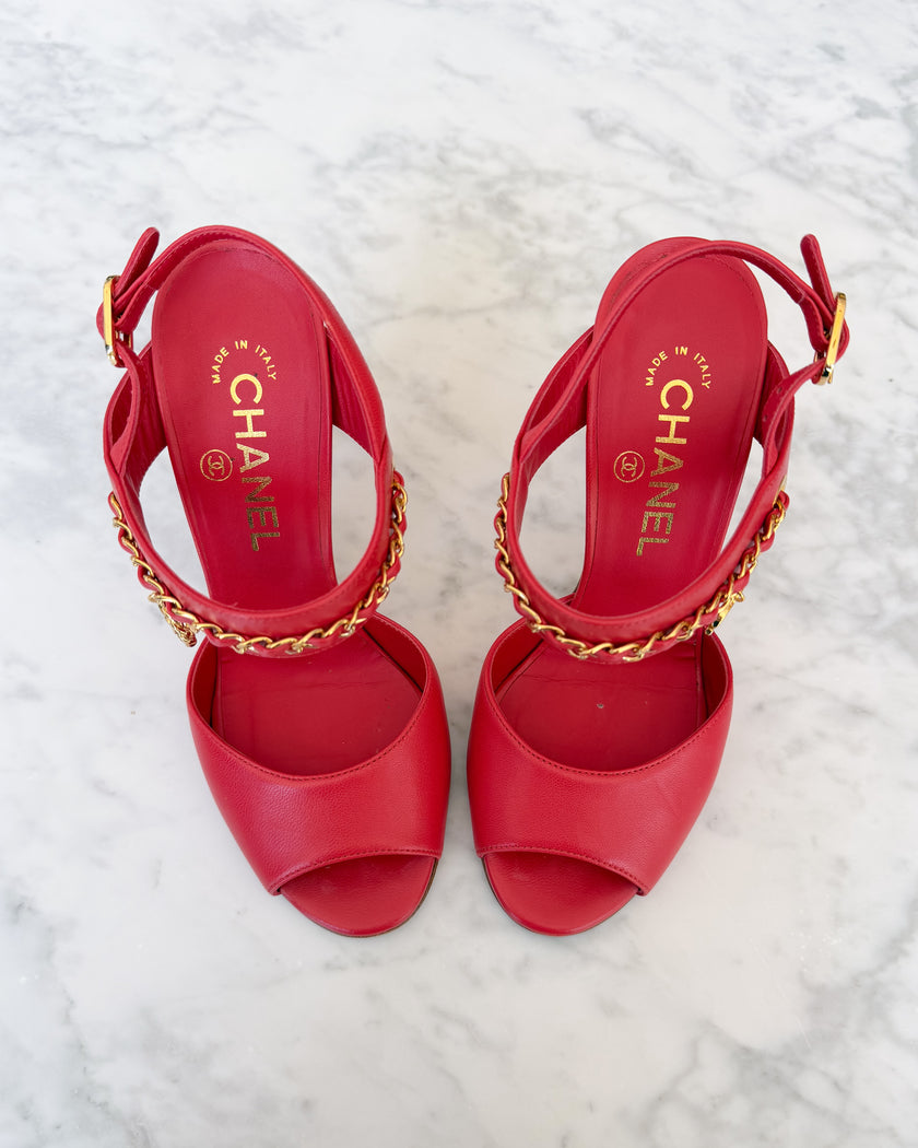 Chanel Watermelon Red Leather CC Logo Chain Open Toe Heels with Clover Charm (36.5)