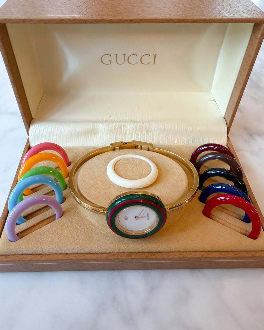 Vintage Gucci 345 Gold Bangle Watch with 12 Interchangeable Bezels & Box