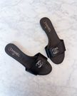 Chanel Black Leather Crystal CC Slide Sandals (37)