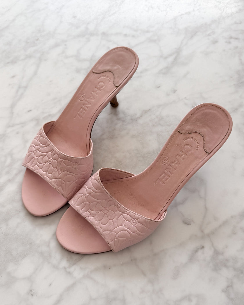 Chanel Pastel Pink Camellia Embossed Leather Mule Heels (36)