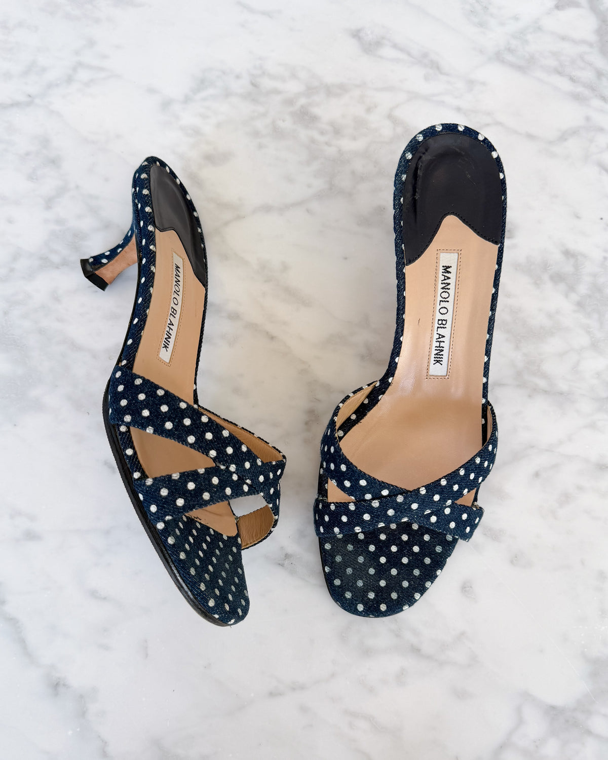 Manolo Blahnik Navy Polka Dot Kitten Heel Mules (38)
