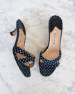 Manolo Blahnik Navy Polka Dot Kitten Heel Mules (38)
