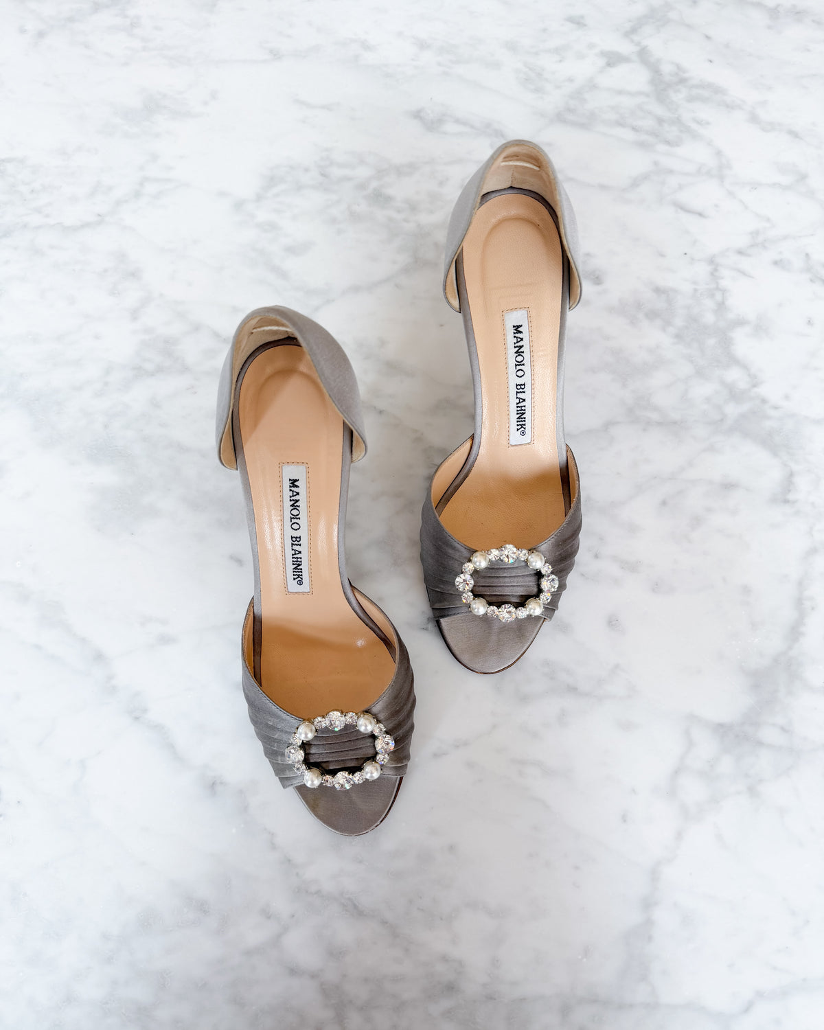 Manolo Blahnik Crystal & Pearl Buckle Slingback Heels (35.5)