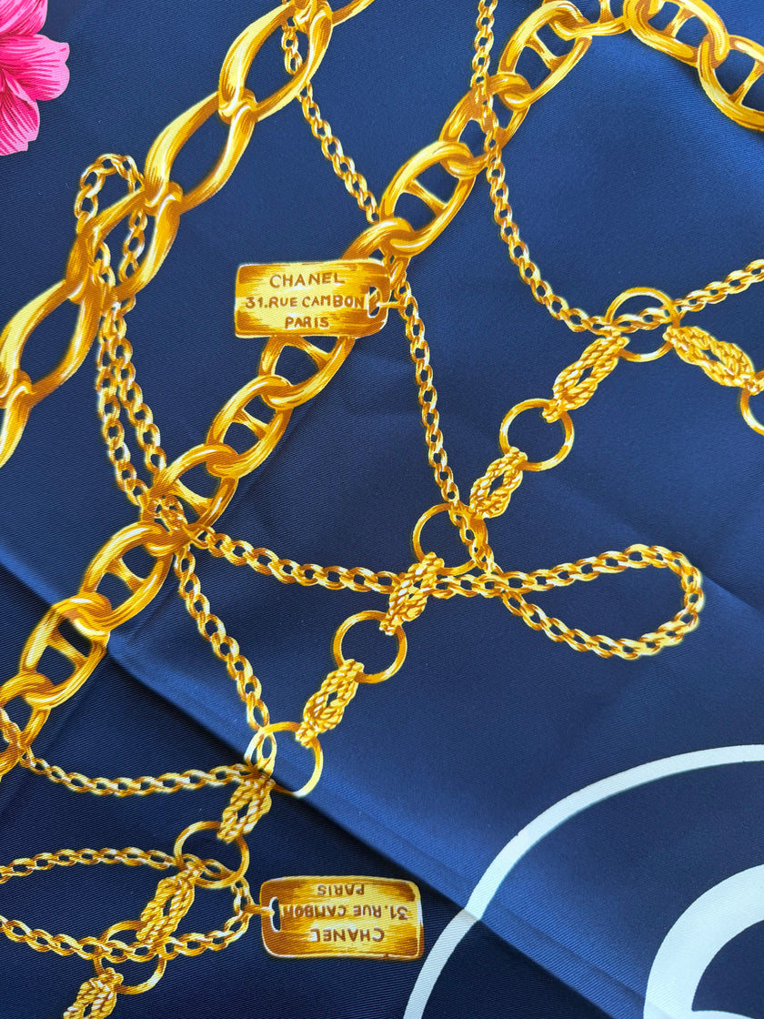 Chanel Vintage Large Silk Scarf CC Logo Pink Camellia Gold Chain Print (Brand New!)