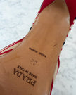 Prada 2000s Red & Navy Striped Canvas Mule Heels with Bows (38)
