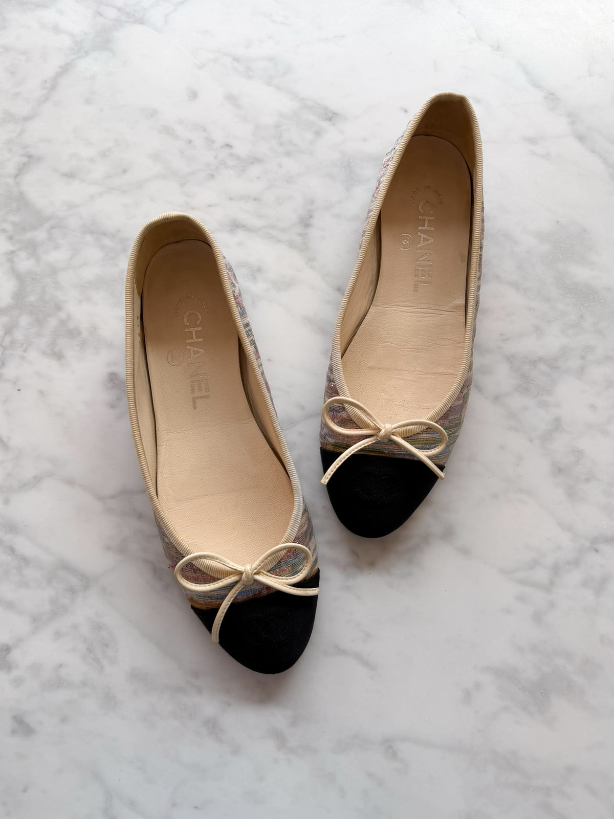 Chanel Multicolour Pastel Metallic Lurex & Black CC Ballet Flats (36) - VERY RARE