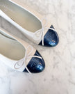 BRAND NEW Chanel Two-Tone White Leather & Patent Blue Toe Ballet Flats (38.5)