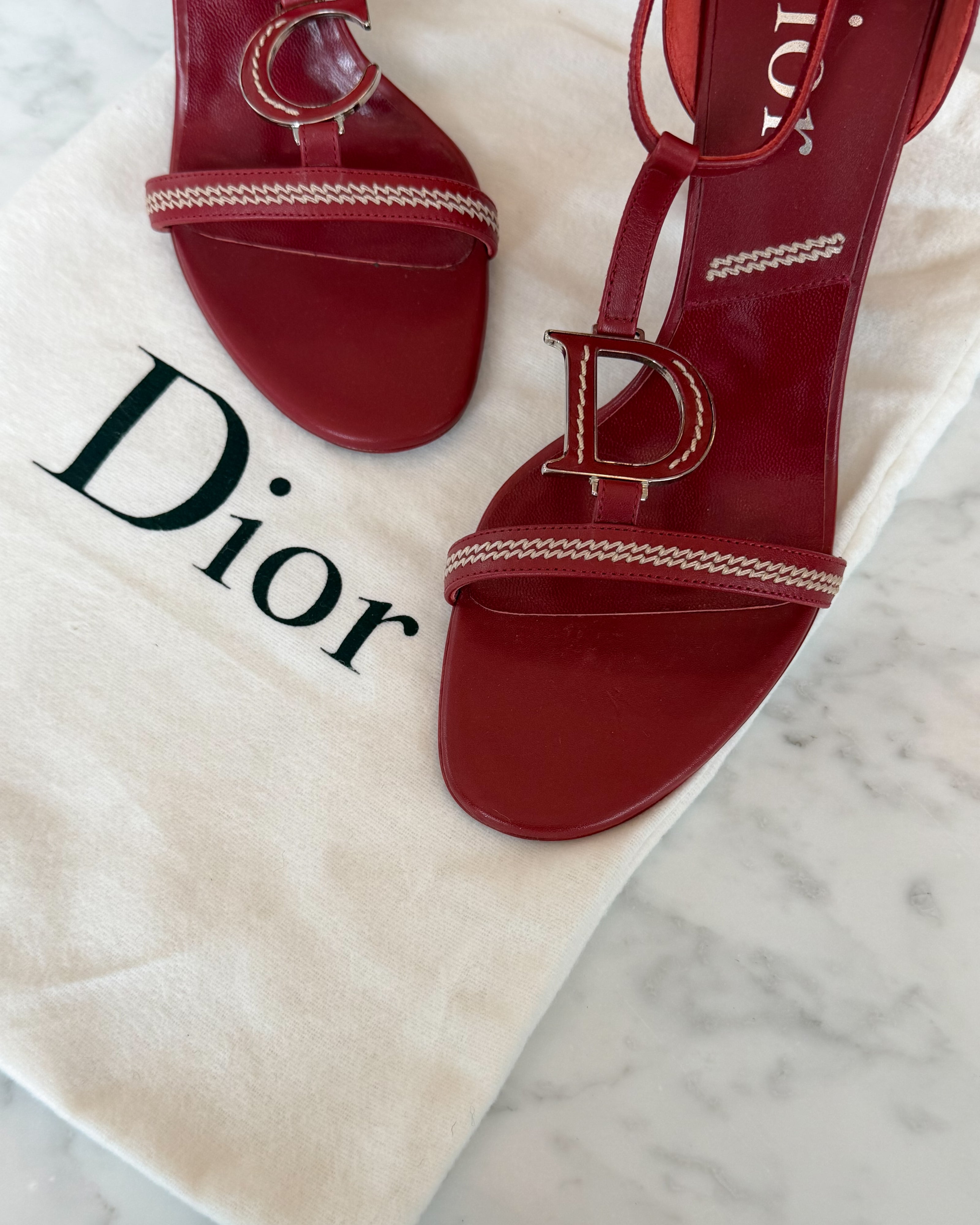 Dior by John Galliano S/S 2005 Red Leather CD Logo Strap Sandal Heels UNWORN (39)