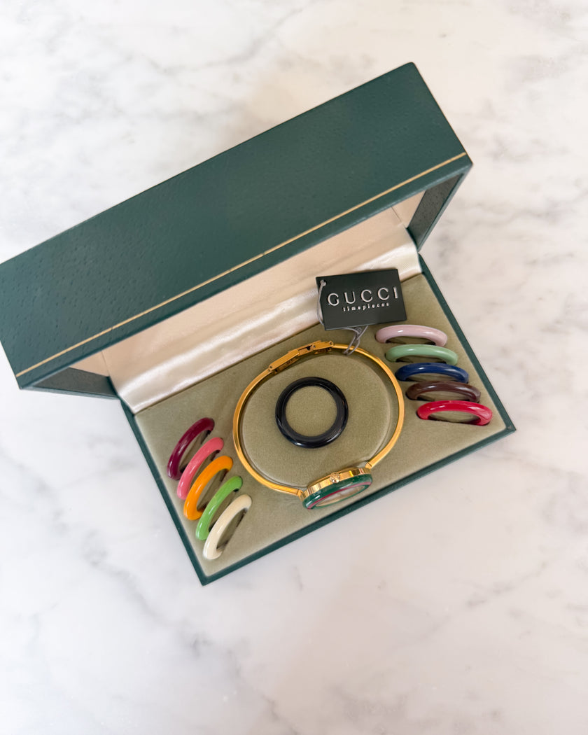 Gucci Vintage Change Bezel Watch – Full Set with 12 Pastel Bezels & Original Box and Tag