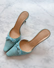 Jimmy Choo Turquoise Check Bow Kitten Heel Mules (39.5)