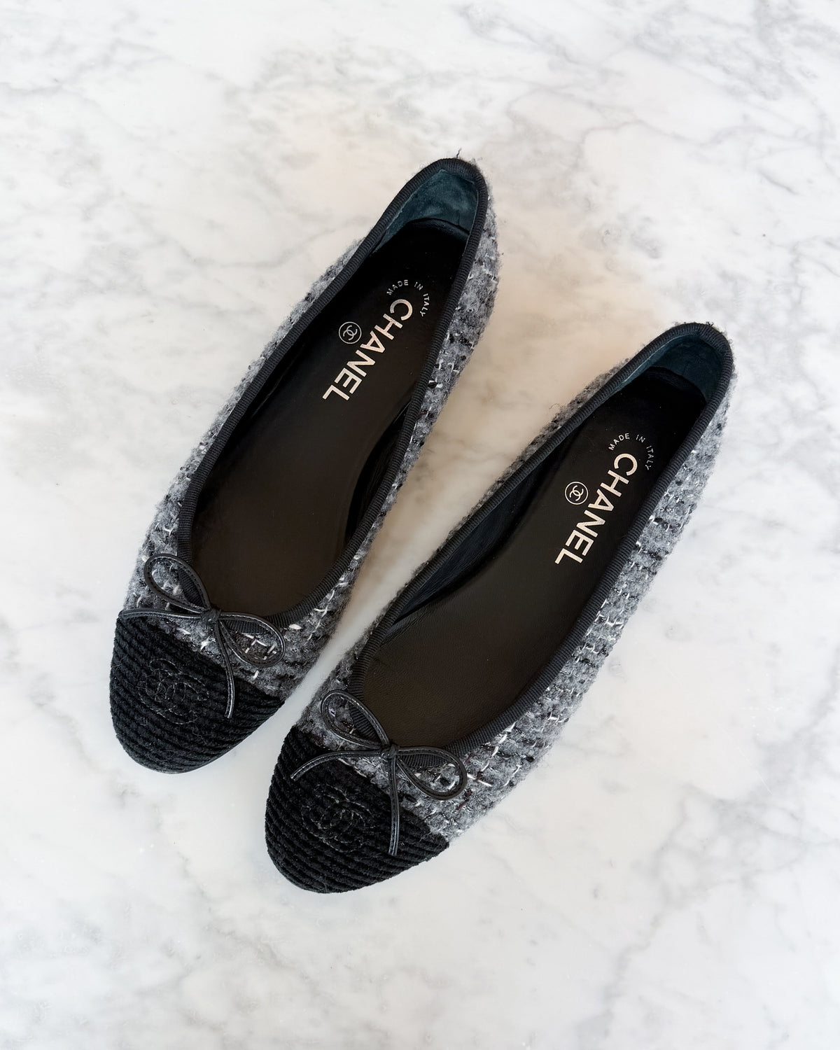 Chanel Grey & Black Tweed and Corduroy CC Toe Cap Ballet Flats (39.5)